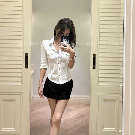 辣妹天菜针织短袖弹力工装衬衫女白色polo领百搭上衣  服裝批發女裝批發服飾貨源