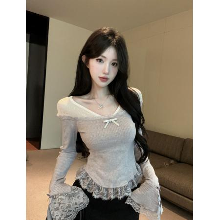 BY11558# 重工带钻修身显瘦设计感纯欲风辣妹网纱拼接V领上衣  服裝批發女裝批發服飾貨源