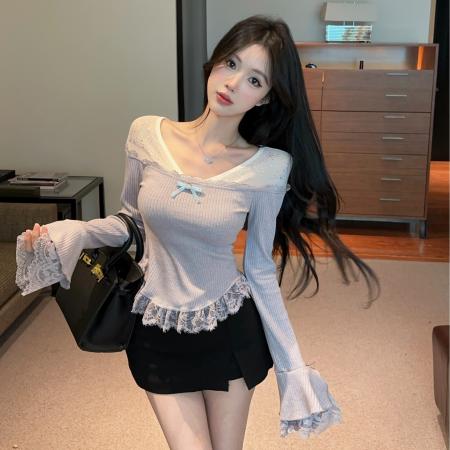 BY11558# 重工带钻修身显瘦设计感纯欲风辣妹网纱拼接V领上衣  服裝批發女裝批發服飾貨源