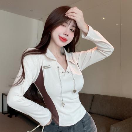 BY11559# 纯欲独特美式复古甜辣妹polo衫v领上衣设计感长袖衬衫  服裝批發女裝批發服飾貨源