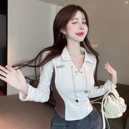 BY11559# 纯欲独特美式复古甜辣妹polo衫v领上衣设计感长袖衬衫  服裝批發女裝批發服飾貨源