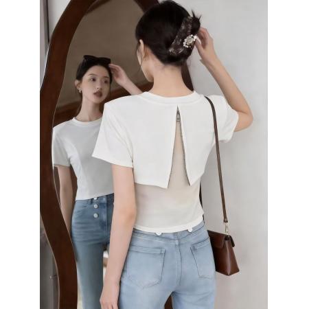 新款设计感辣妹后背网纱拼接拉链短袖t外搭打底衫上衣  服裝批發女裝批發服飾貨源