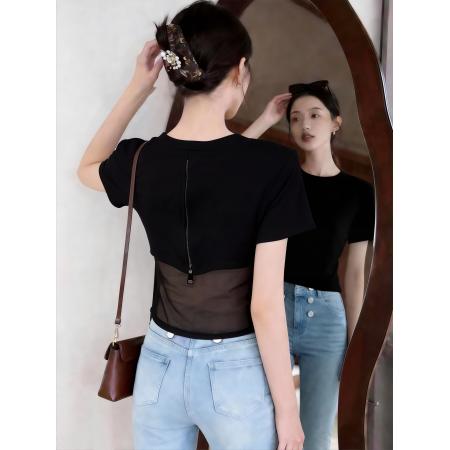 新款设计感辣妹后背网纱拼接拉链短袖t外搭打底衫上衣  服裝批發女裝批發服飾貨源