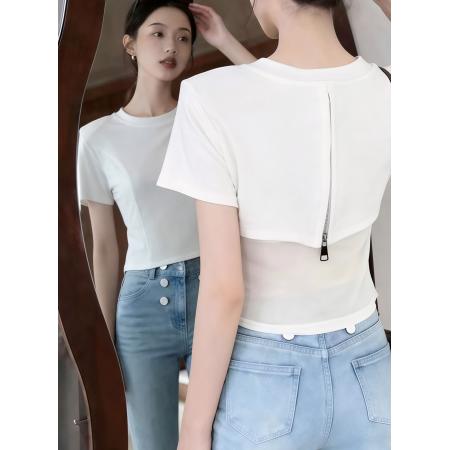 新款设计感辣妹后背网纱拼接拉链短袖t外搭打底衫上衣  服裝批發女裝批發服飾貨源