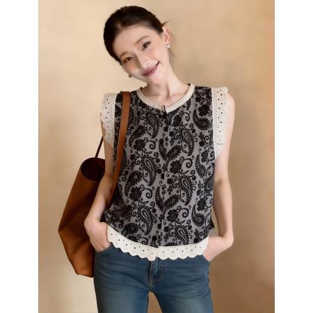 夏季甜美减龄蕾丝花衬衫复古印花宽松无袖背心上衣小衫  服裝批發女裝批發服飾貨源