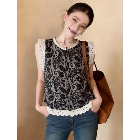 夏季甜美减龄蕾丝花衬衫复古印花宽松无袖背心上衣小衫  服裝批發女裝批發服飾貨源