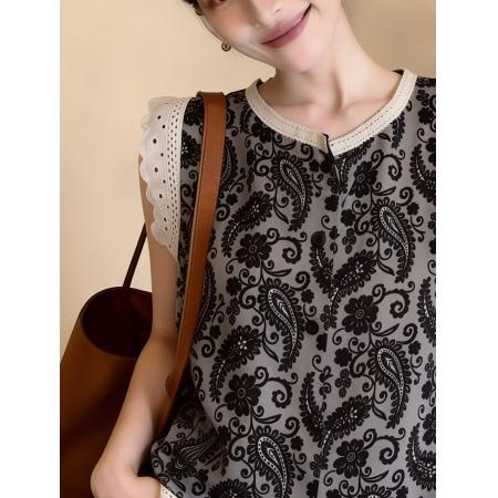 夏季甜美减龄蕾丝花衬衫复古印花宽松无袖背心上衣小衫  服裝批發女裝批發服飾貨源