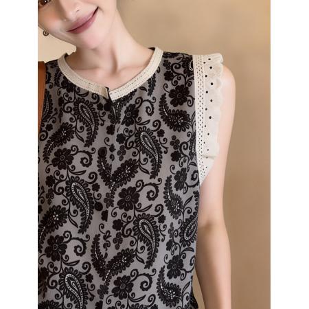 夏季甜美减龄蕾丝花衬衫复古印花宽松无袖背心上衣小衫  服裝批發女裝批發服飾貨源