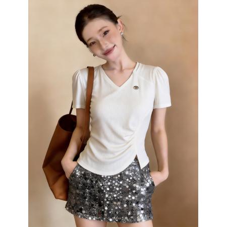 夏季新款时尚百搭洋气收腰显瘦设计感小众短袖T恤女上衣  服裝批發女裝批發服飾貨源