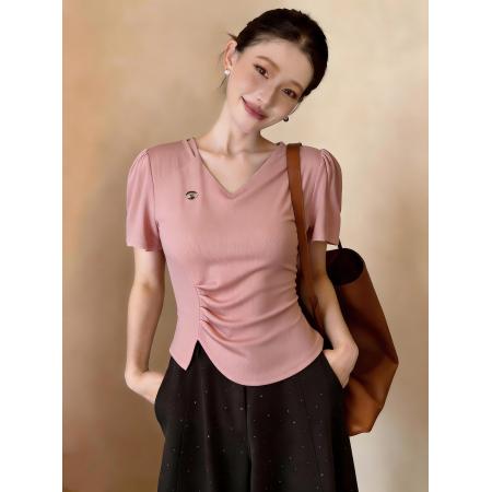 BY11565# 夏季新款时尚百搭洋气收腰显瘦设计感小众短袖T恤女上衣  服裝批發女裝批發服飾貨源