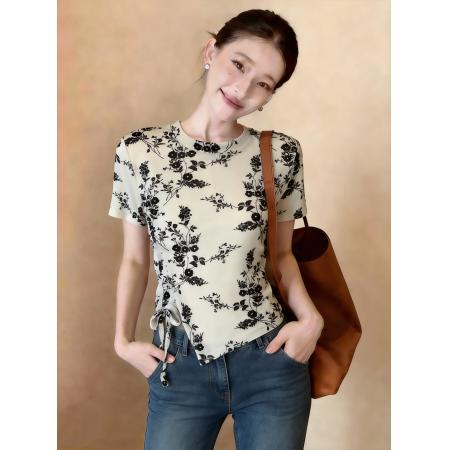 夏女新款新时尚小衫网纱植绒印花抽绳短袖衬衫修身正肩  服裝批發女裝批發服飾貨源