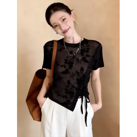 夏女新款新时尚小衫网纱植绒印花抽绳短袖衬衫修身正肩  服裝批發女裝批發服飾貨源