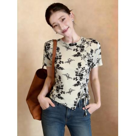 夏女新款新时尚小衫网纱植绒印花抽绳短袖衬衫修身正肩  服裝批發女裝批發服飾貨源