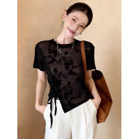夏女新款新时尚小衫网纱植绒印花抽绳短袖衬衫修身正肩  服裝批發女裝批發服飾貨源