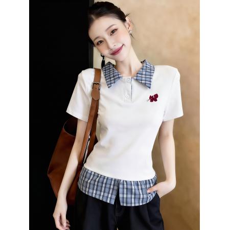 格子拼接假两件短袖T恤女夏季新款修身百搭显瘦POLO领上衣潮  服裝批發女裝批發服飾貨源