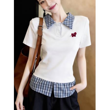 格子拼接假两件短袖T恤女夏季新款修身百搭显瘦POLO领上衣潮  服裝批發女裝批發服飾貨源