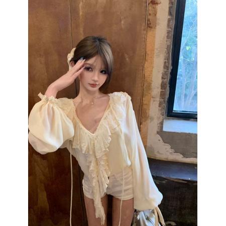 BY11569# 米白色蕾丝拼接v领长袖衬衫女春季荷叶边法式衬衣设计感宽松上衣  服裝批發女裝批發服飾貨源