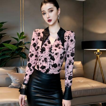 春夏设计感女人味衬衫优雅V领收腰显瘦植绒网纱长袖上衣潮  服裝批發女裝批發服飾貨源