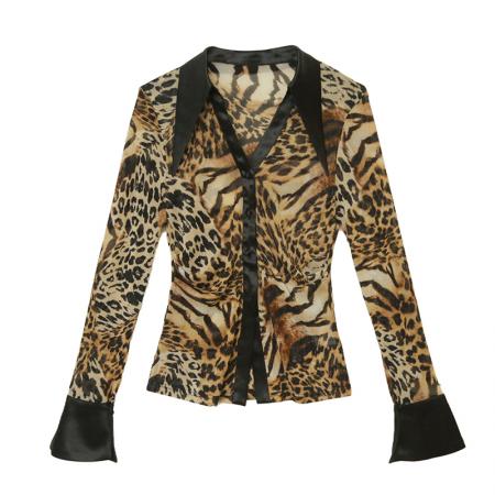 BY11572# 欧洲站春夏新款时尚气质百搭显瘦豹纹印花长袖衬衫打底上衣实  服裝批發女裝批發服飾貨源