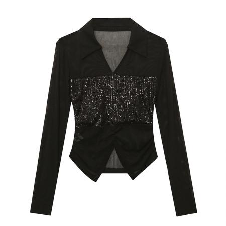 春夏新款微透冰丝网纱拼接亮片v领时尚洋气修身显瘦上衣  服裝批發女裝批發服飾貨源