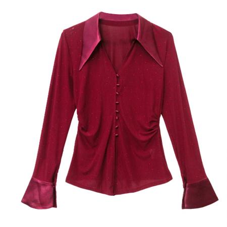 BY11574# 春夏欧货时尚褶皱修身烫钻衬衫别致高级感长袖气质小衫潮实  服裝批發女裝批發服飾貨源