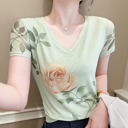 欧货夏季时尚纱网印花定位花短袖V领修身显瘦洋气上衣潮  服裝批發女裝批發服飾貨源
