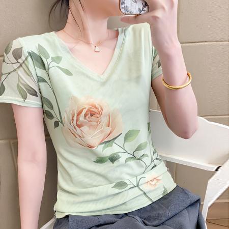 欧货夏季时尚纱网印花定位花短袖V领修身显瘦洋气上衣潮  服裝批發女裝批發服飾貨源