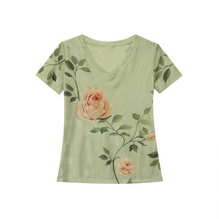 欧货夏季时尚纱网印花定位花短袖V领修身显瘦洋气上衣潮  服裝批發女裝批發服飾貨源