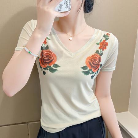 欧货夏季时尚纱网印花定位花短袖V领修身显瘦洋气上衣潮  服裝批發女裝批發服飾貨源