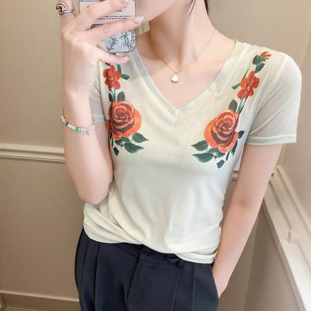 欧货夏季时尚纱网印花定位花短袖V领修身显瘦洋气上衣潮  服裝批發女裝批發服飾貨源