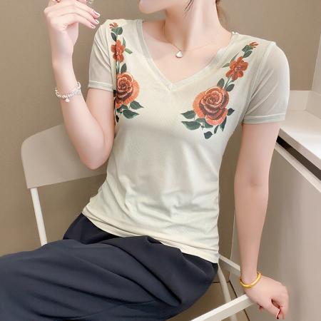 欧货夏季时尚纱网印花定位花短袖V领修身显瘦洋气上衣潮  服裝批發女裝批發服飾貨源