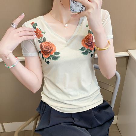 欧货夏季时尚纱网印花定位花短袖V领修身显瘦洋气上衣潮  服裝批發女裝批發服飾貨源