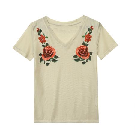 欧货夏季时尚纱网印花定位花短袖V领修身显瘦洋气上衣潮  服裝批發女裝批發服飾貨源