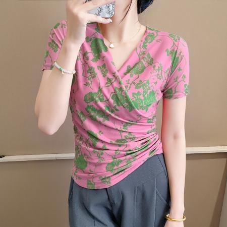 夏季皱褶交叉V领时尚短袖网纱印花时尚修身显瘦打底衫潮  服裝批發女裝批發服飾貨源