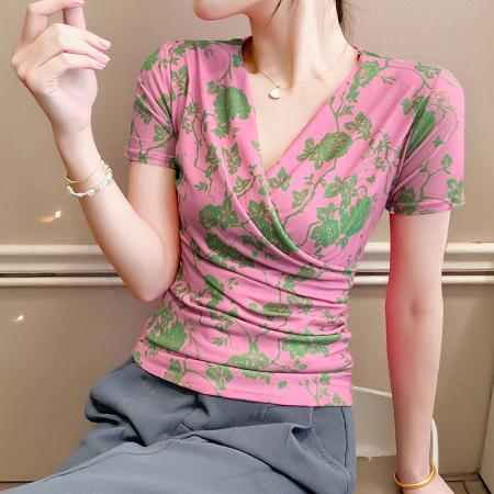夏季皱褶交叉V领时尚短袖网纱印花时尚修身显瘦打底衫潮  服裝批發女裝批發服飾貨源