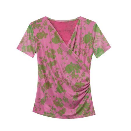 夏季皱褶交叉V领时尚短袖网纱印花时尚修身显瘦打底衫潮  服裝批發女裝批發服飾貨源