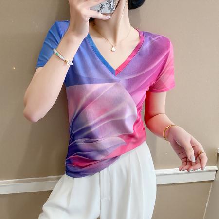 欧货夏季时尚纱网印花定位花短袖V领修身显瘦洋气上衣潮  服裝批發女裝批發服飾貨源