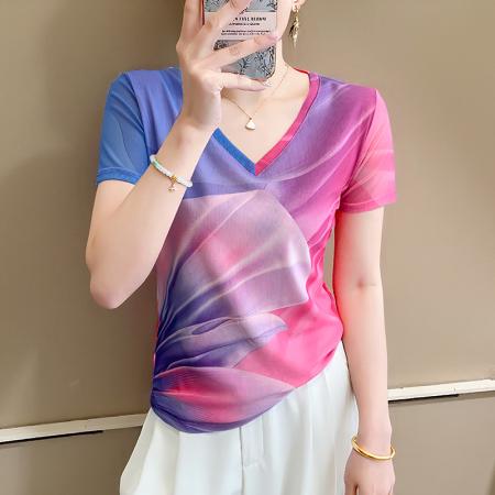 欧货夏季时尚纱网印花定位花短袖V领修身显瘦洋气上衣潮  服裝批發女裝批發服飾貨源