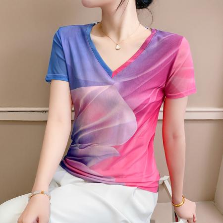 欧货夏季时尚纱网印花定位花短袖V领修身显瘦洋气上衣潮  服裝批發女裝批發服飾貨源