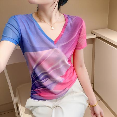 欧货夏季时尚纱网印花定位花短袖V领修身显瘦洋气上衣潮  服裝批發女裝批發服飾貨源