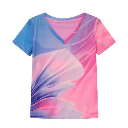 欧货夏季时尚纱网印花定位花短袖V领修身显瘦洋气上衣潮  服裝批發女裝批發服飾貨源