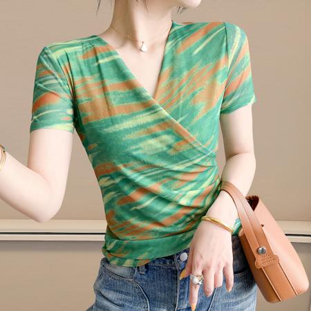 夏季皱褶交叉V领时尚短袖网纱印花时尚修身显瘦打底衫潮  服裝批發女裝批發服飾貨源