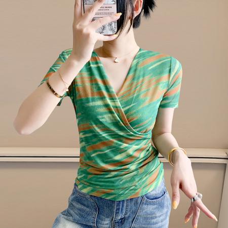 夏季皱褶交叉V领时尚短袖网纱印花时尚修身显瘦打底衫潮  服裝批發女裝批發服飾貨源