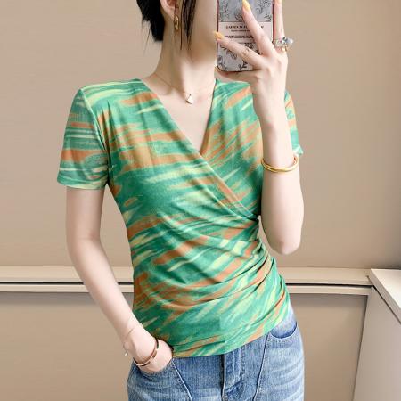 夏季皱褶交叉V领时尚短袖网纱印花时尚修身显瘦打底衫潮  服裝批發女裝批發服飾貨源