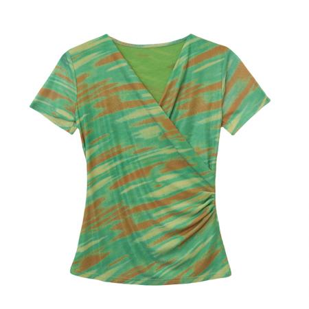 夏季皱褶交叉V领时尚短袖网纱印花时尚修身显瘦打底衫潮  服裝批發女裝批發服飾貨源