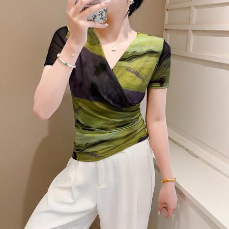 BY11580# 夏季皱褶交叉V领时尚短袖网纱印花时尚修身显瘦打底衫潮  服裝批發女裝批發服飾貨源