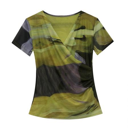 BY11580# 夏季皱褶交叉V领时尚短袖网纱印花时尚修身显瘦打底衫潮  服裝批發女裝批發服飾貨源