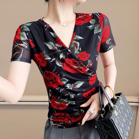 夏季皱褶交叉V领时尚短袖网纱印花时尚修身显瘦打底衫潮  服裝批發女裝批發服飾貨源