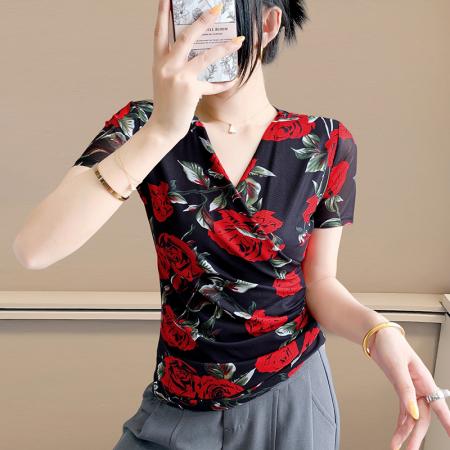 夏季皱褶交叉V领时尚短袖网纱印花时尚修身显瘦打底衫潮  服裝批發女裝批發服飾貨源