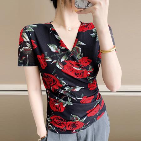 夏季皱褶交叉V领时尚短袖网纱印花时尚修身显瘦打底衫潮  服裝批發女裝批發服飾貨源